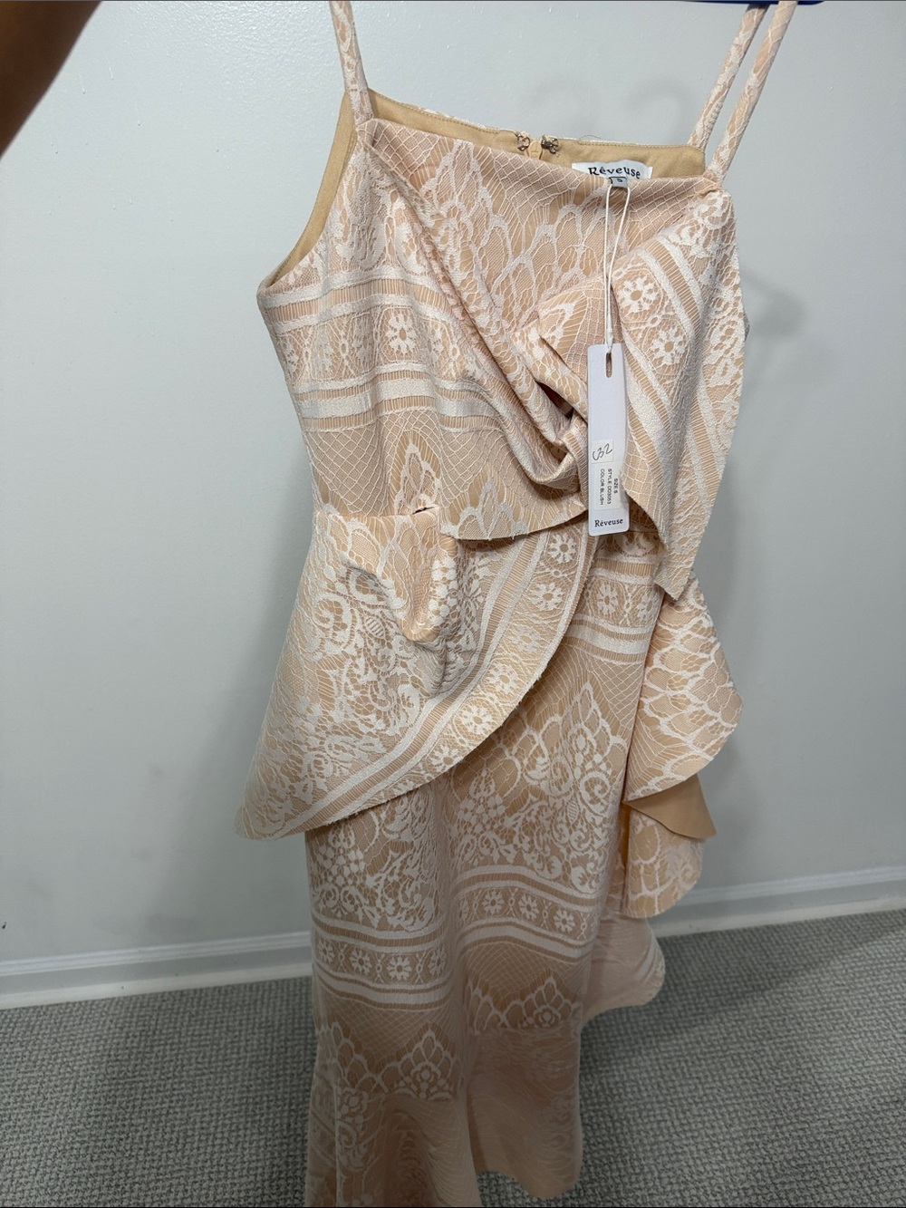 Reverse Beige Lace-Pattern Strapless Ruffle Dress
